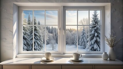 Two Cups of Coffee by the Window with a Snowy Forest View, 3D Render, Winter Wonderland, Cozy Home, Coffee Break