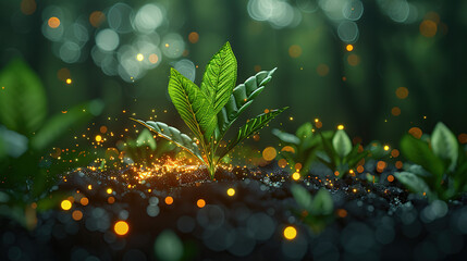 A futuristic digital landscape of growing plants with icons and graphs representing the use of artificial intelligence in agriculture