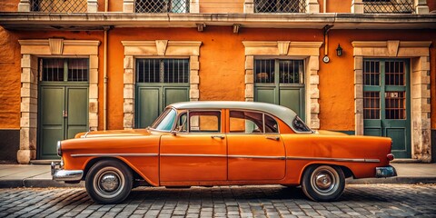 Vintage Orange Sedan Parked in Front of a Colorful Building, Classic Car, Old Town, Orange Building, Retro Automobile