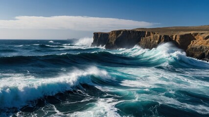 Deep blue waves crashing against rugged cliffs in a dramatic coastal landscape setting