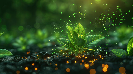 A futuristic digital landscape of growing plants with icons and graphs representing the use of artificial intelligence in agriculture