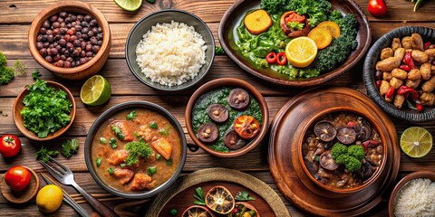 Fototapeta premium Traditional Brazilian dishes like Feijoada and Moqueca on a wooden table, viewed from above, Brazilian, dishes, cuisine, feijoada