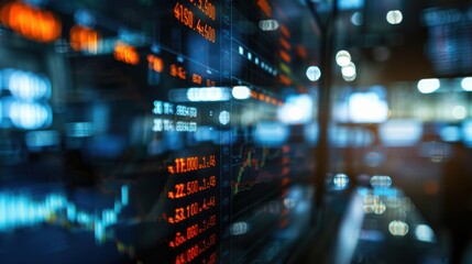 Trading floor monitors close up, focus on, copy space Market data, Double exposure silhouette with investment