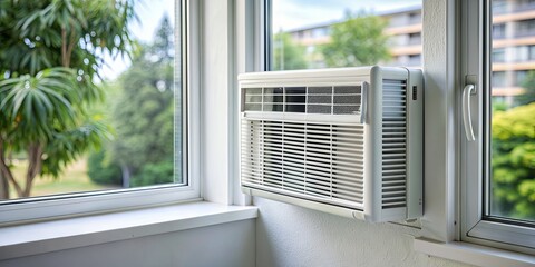 Window AC Unit Installed in White Trim Window,  air conditioner, window unit, cooling system, AC installation