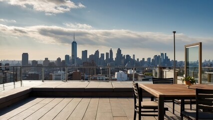 Obraz premium Empty rooftop terrace with stunning city skyline view during sunset, ideal for urban retreats