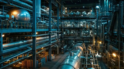 Obraz premium A large-scale chemical reactor in an industrial setting producing essential chemicals for various industries.