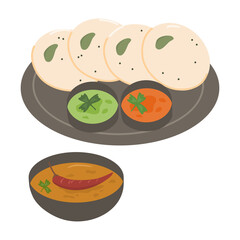 idly or Idli with Sambhar and green chutney