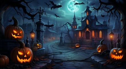 Spooky Halloween Night in the Village with Pumpkins and Lanterns