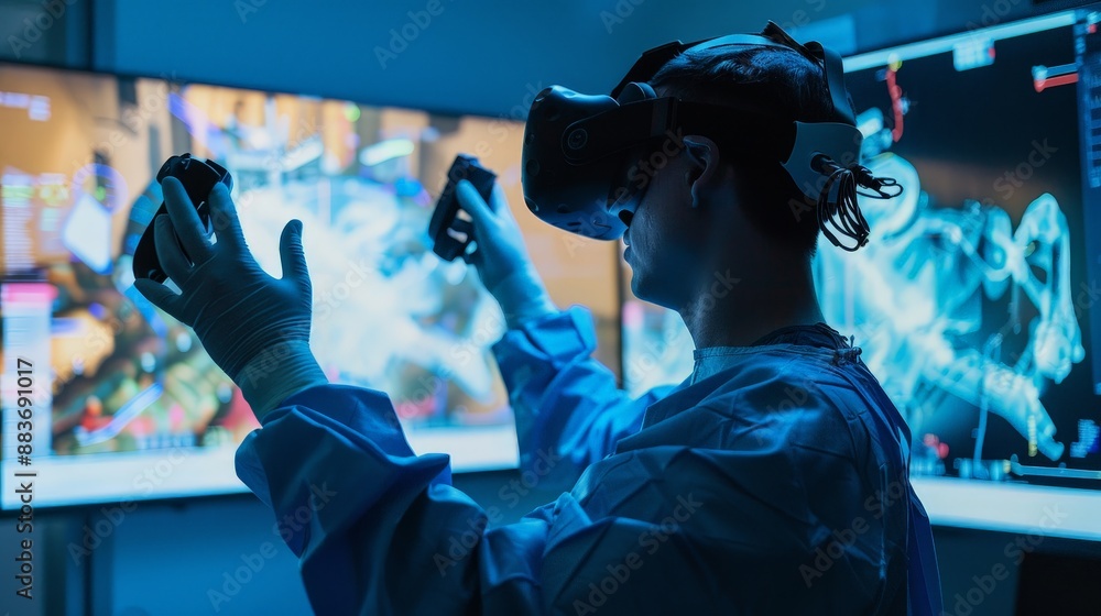 Wall mural A medical student practicing surgery on a detailed VR simulation, using hand controllers to perform precise operations.