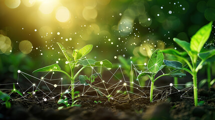 A futuristic digital landscape of growing plants with icons and graphs representing the use of artificial intelligence in agriculture
