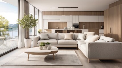 Modern living room with designer furniture. Sofa with light cushions and balcony view. Behind the modern kitchen with island. Nobody inside