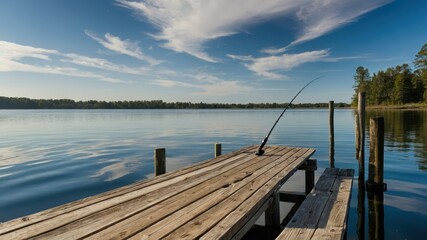 Single fishing rod propped up on a wooden pier with calm lake reflecting the serene horizon