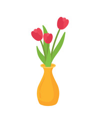 Beautiful Red Tulip Flowers in Vase for House Plant Decoration in Flat Cartoon Vector Illustration