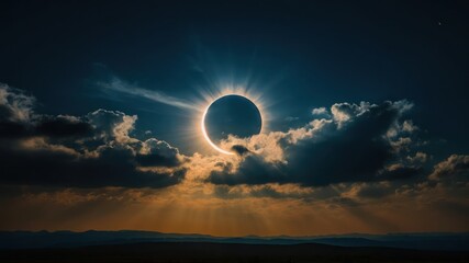 Fototapeta premium Total solar eclipse in the night sky, showcasing the moon obscuring the sun with a bright glow