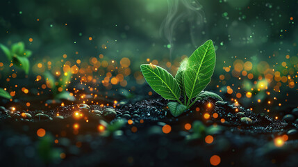 A futuristic digital landscape of growing plants with icons and graphs representing the use of artificial intelligence in agriculture