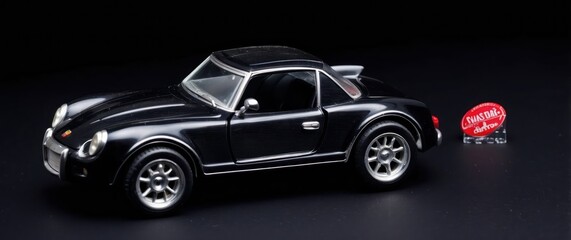Blue convertible toy car on black background with copy space, ideal for automotive collections