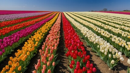 Tulip fields in full bloom under a clear sky, showcasing rows of vibrant, colorful flowers