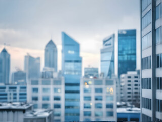 Blurry focus city hotel corporate building in blue morning business background. Cityscape skyline light outside office window grey sky view. Day bokeh winter bank company blur backdrop outdoor.