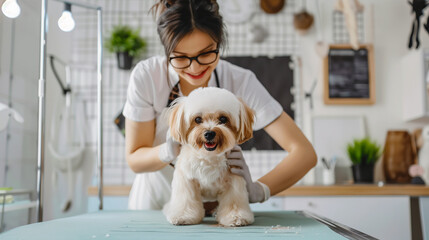 A dedicated vet grooming a fluffy dog in a modern veterinary clinic