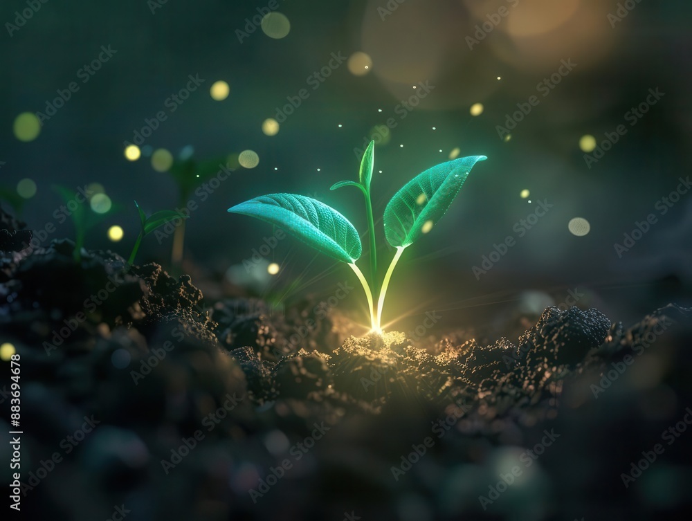 Aufkleber luminous idea sprouting glowing seedling emerging from soil symbolizing innovation and growth in sof