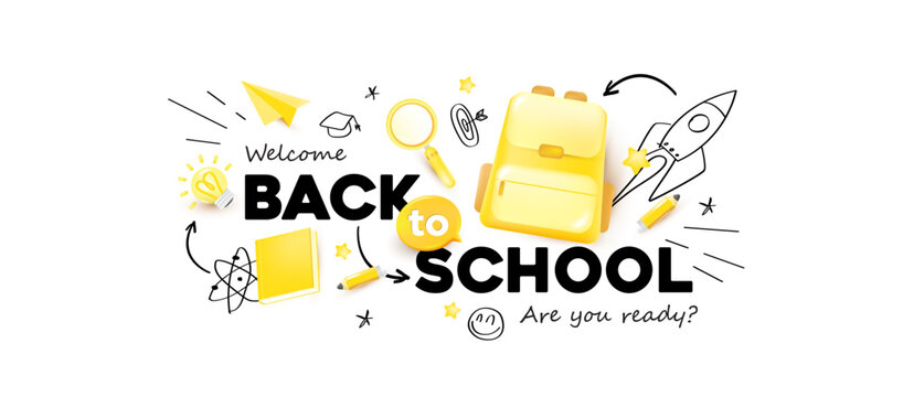back to school banner on white background layout decorate with school supplies and hand drawn icon