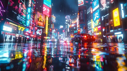 A bustling cityscape at night with neon lights illuminating the streets, creating a vibrant and energetic atmosphere. This scene symbolizes urban life and modernity.