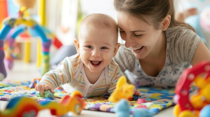 Fototapeta premium Close-up of a mother playing with her baby on a play mat, with colorful toys and both smiling happily, in a bright and cheerful nursery background, Portrait close-up, hyper-realistic, high detail,