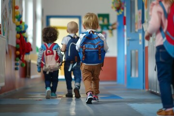 A group of children are walking down a hallway, each carrying a backpack