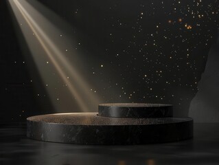 luxurious product display black geometric podium dramatic spotlight shimmering golden particles minimalist elegance