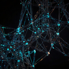 A network of glowing nodes and lines connecting across a dark abstract background, concept, with copy space 