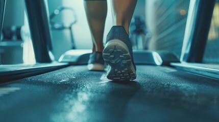 Close-up of a woman's feet in running shoes walking on a treadmill in a modern gym with a blue tint