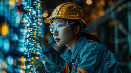 Female Engineer Working on Control Panel. Female engineer wearing a hard hat and safety glasses, working on a high-tech control panel in an industrial setting.