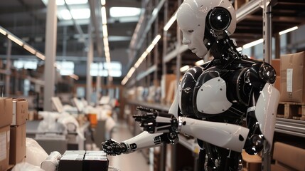 Fototapeta premium Robots working alongside humans in a factory setting, showcasing the integration of robotics in industrial automation.