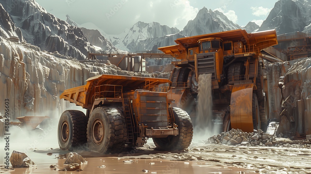 Poster heavy mining trucks at work in quarry. heavy mining trucks operate in a quarry, moving large quantit