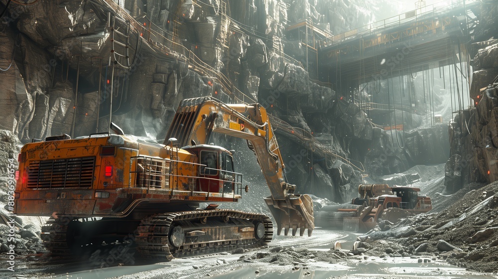 Poster excavators working in underground mining operation. excavators work in an underground mining operati