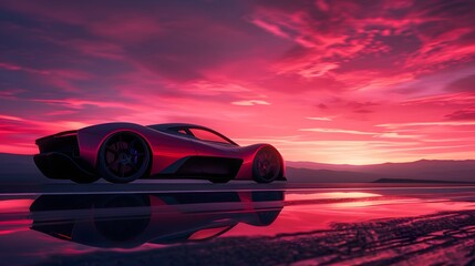 A sleek sports car silhouetted on a desert road at sunset, its aerodynamic form cutting through the vivid purple and red hues of the sky.