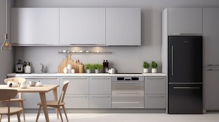 Stylish kitchen interior design. Luxury modern kitchen furniture in grey color and steel oven,fridge, sink, wooden tabletop, pots,. Gray cabinets in scandinavian style. Home renovation