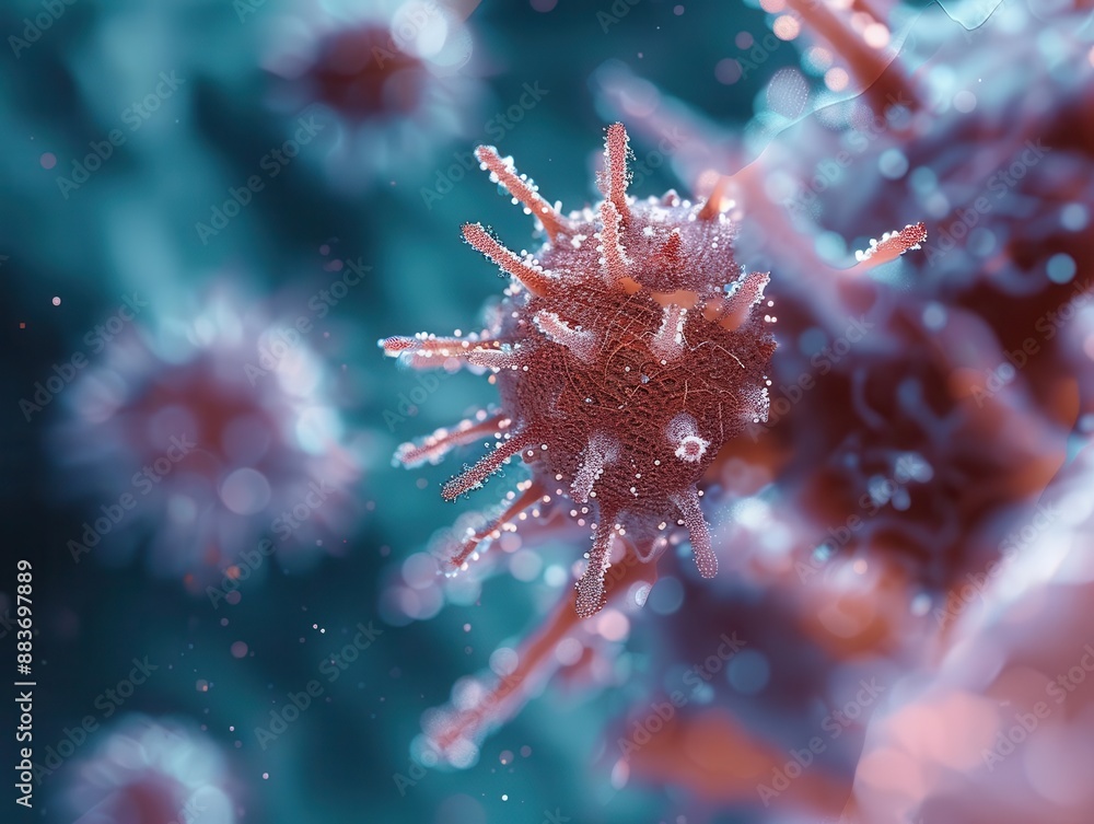 Aufkleber microscopic view of a singular virus particle in sharp focus blurred background of cellular structur