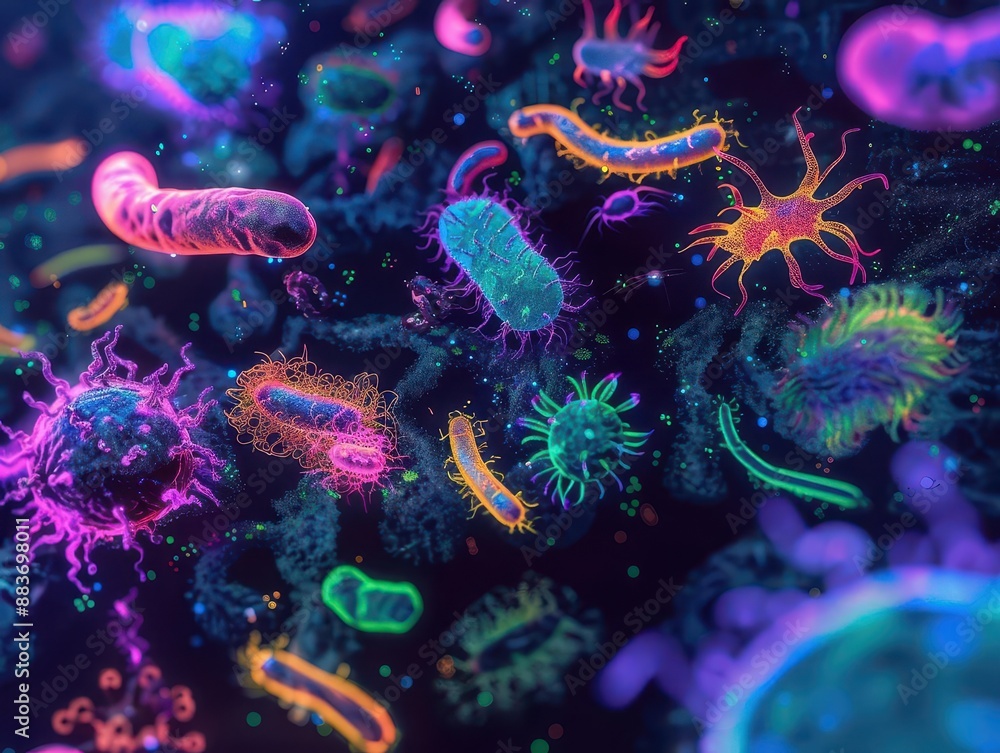 Poster microscopic view of vibrant bacteria colonies swirling patterns of neonhued microorganisms abstract 