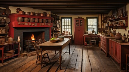 The kitchen in a primitive colonial style reproduction home, built with materials reclaimed from structures built in the late 1700's. The room contains many antiques from the late 18th century