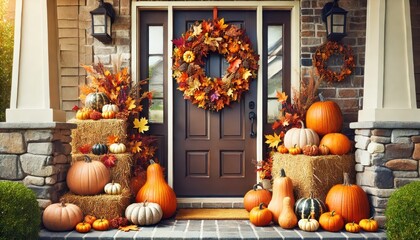 Obraz premium Autumnal Front Porch Decor with Pumpkins, Hay Bales, and Fall Wreath.