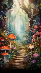 Fototapeta premium Enchanted Watercolor Fairy Tale Forest - A Magical and Whimsical Wonderland of Beauty and Mystery