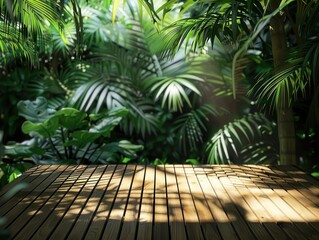 Fototapeta premium minimalist zen garden sleek wooden platform nestled in lush tropical foliage soft dappled sunlight filters through palm fronds creating organic patterns on smooth bamboo surface