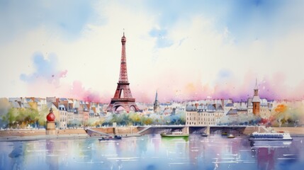 Naklejka premium Serene Watercolor Skyline of Paris with Eiffel Tower - Romantic and Elegant Cityscape Painting