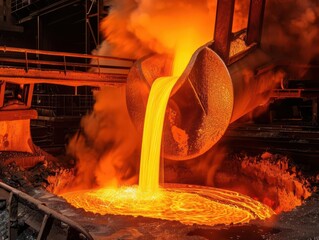 molten steel pouring from a massive ladle in a foundry intense orange glow illuminates billowing steam creating a dramatic industrial scene