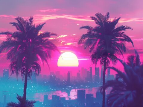 neonsoaked cityscape with retro palm trees silhouetted against a vibrant pink and blue tropical sunset evoking 1990s synthwave aesthetics and nostalgic futurism