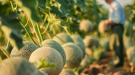 A farmer inspecting a row of ripe melons, highly professional photo picture capturing detailed expressions and natural light, harvesting, with copy space