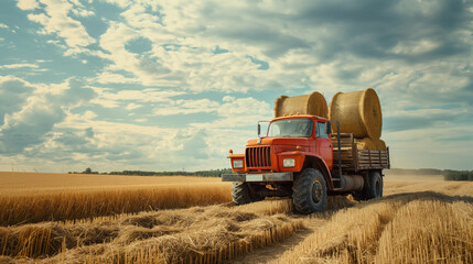 Obraz premium Farmers loading hay bales onto a truck, highly professional photo picture featuring dynamic composition and vibrant colors, harvesting, with copy space