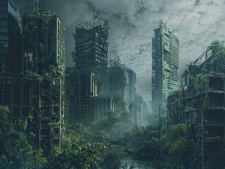 postapocalyptic overgrown cityscape nature reclaiming abandoned skyscrapers mutant flora and fauna rusty remnants of civilization moody atmosphere