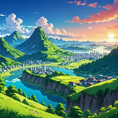 Natural mountain views in anime style